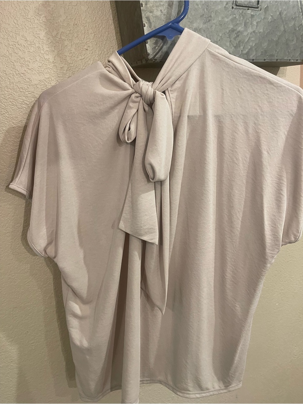 Cherish Light Beige Tie-Neck Short Sleeve Blouse